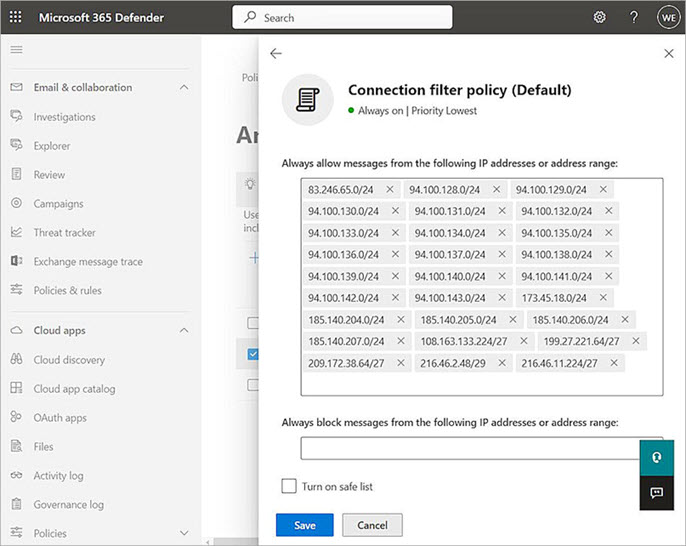 Screenshot of the Microsoft 365 Connection filter policy (default) dialog box